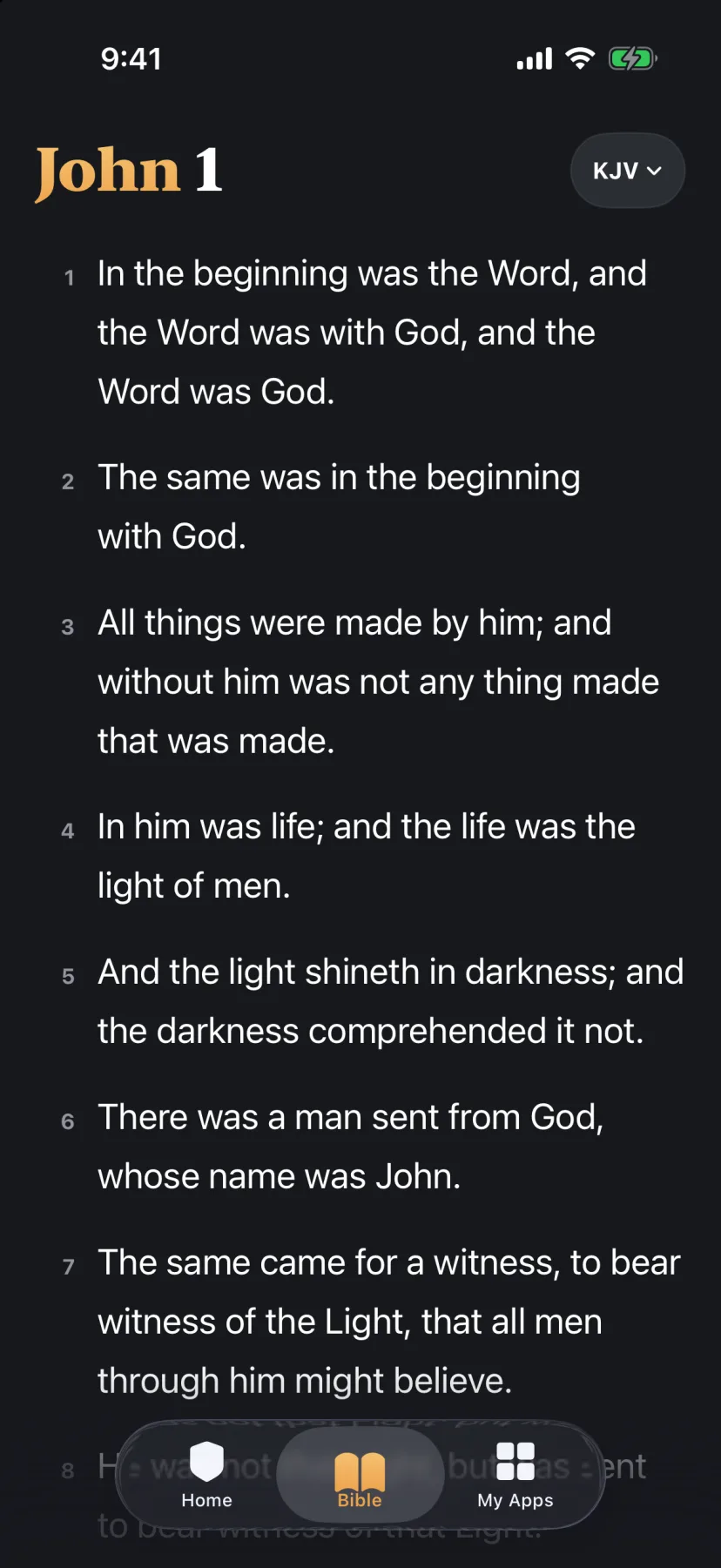 The Bible tab open at John chapter 1 in the King James Version, verses numbered down the page.