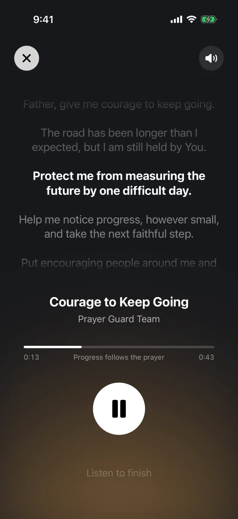 A guided prayer in progress: the line 'Protect me from measuring the future by one difficult day' lit, the lines around it dimmed, with audio controls below.