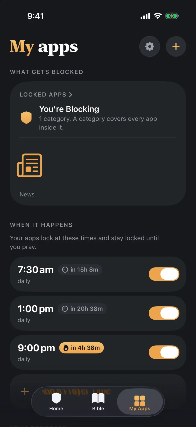 The My Apps screen, showing three daily lock times — 7:30am, 1:00pm and 9:00pm — each with a toggle.