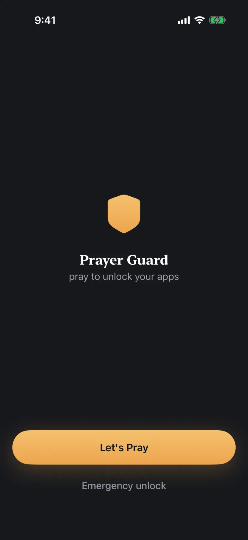 The Prayer Guard blocking screen: a shield, the app's name, the line 'pray to unlock your apps', and a large amber button reading 'Let's Pray'.